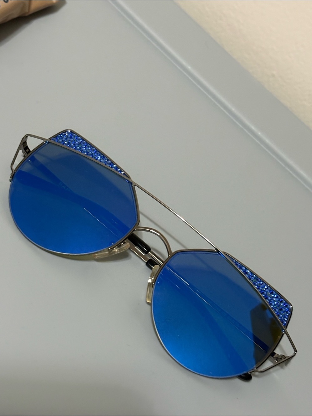 Sarar Blue Mirrored Round Women’s Sunglasses with Crystal Accents
